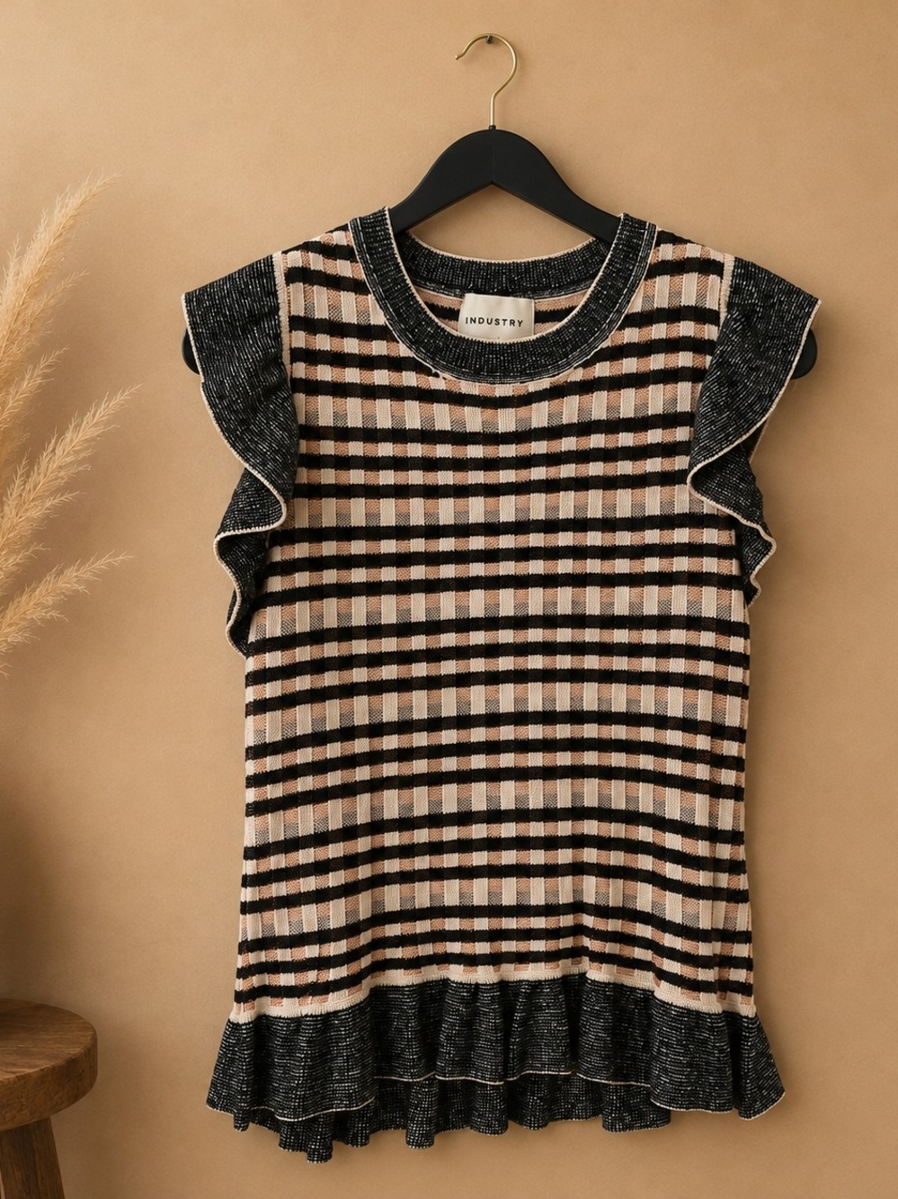 Striped Ruffle Knit Top in Black and Beige